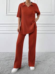 EURMUSE Cotton Two Pieces Set Polo Neck Top And Pant Set Rib Knit Fabric - Burnt Orange - View 5