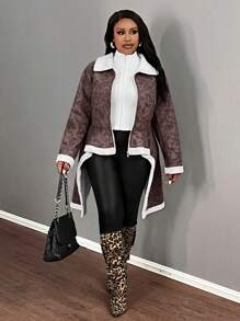 Slaydiva Elegant & Party & Date Bodycon Long Sleeve Asymmetrical Hem Pockets Zipper Brown PU Contrast Thermal Lined Women Plus Size Long Coat, Autumn/Winter