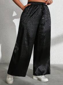 Flirla Quần dài rộng rãi có túi rút họa tiết da báo cỡ lớn - màu đen - Xem 5