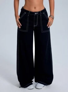 SHEIN Unity Quần Jeans Denim Đơn Giản Túi Nút Phía Trước Thường Ngày Cho Nữ, Mặc Hàng Ngày, Quần Jeans Rộng Cạp Thấp - màu đen - Xem 1