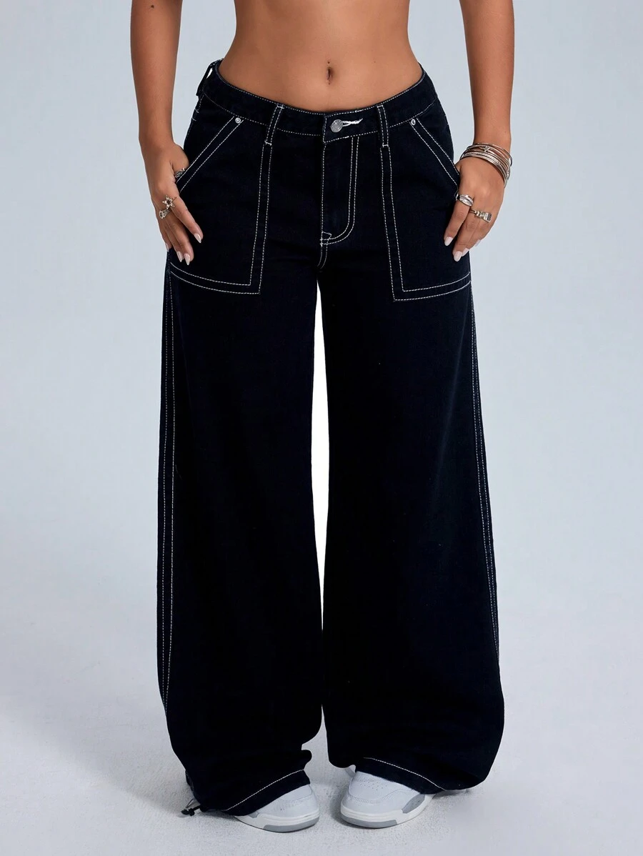 SHEIN Unity Quần Jeans Denim Đơn Giản Túi Nút Phía Trước Thường Ngày Cho Nữ, Mặc Hàng Ngày, Quần Jeans Rộng Cạp Thấp - màu đen - Xem 1