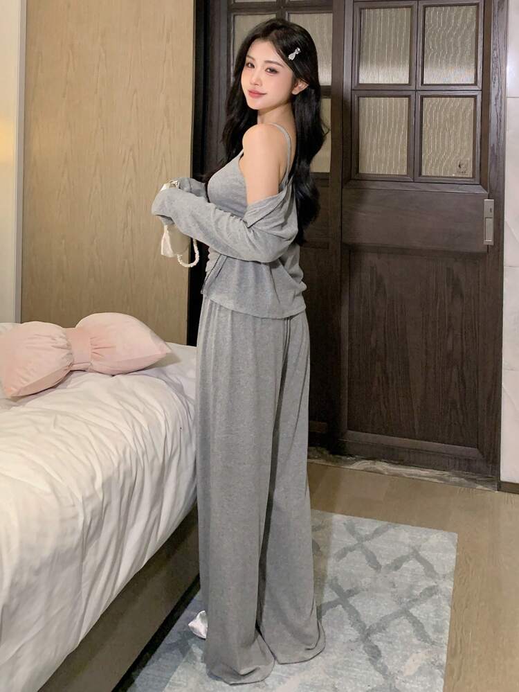 3pcs Lounge Set: Ruffled Trim Decor Neckline Bowknot Cami Top & Straight Leg Pants & Open Front Top Lounge Set, Loungewear, Cozy Outfits, Fall Winter Clothes