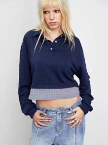 Flirla 1 pieza Sudadera azul marino de mujer minimalista con cuello y rayas de contraste 2 en 1, para otoño/invierno