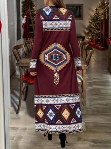 Plus Size Women Print V-Neck Long Sleeve Casual Dress