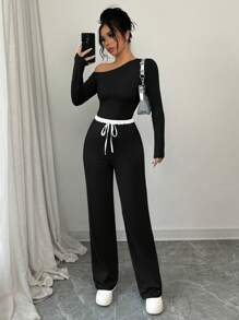Calvaya Women Casual 2pcs Set: Oblique Shoulder Elastic Top And Contrast Waist Band Elastic Pants