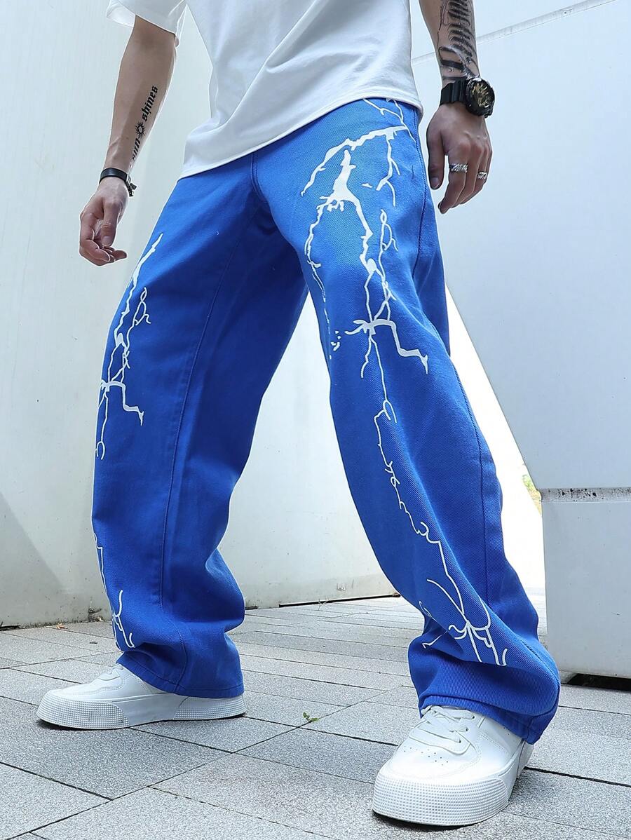 Manfinity Roghcode Loose Fitting Men's Lightning Print Wide Leg Jeans - Blue - View 1
