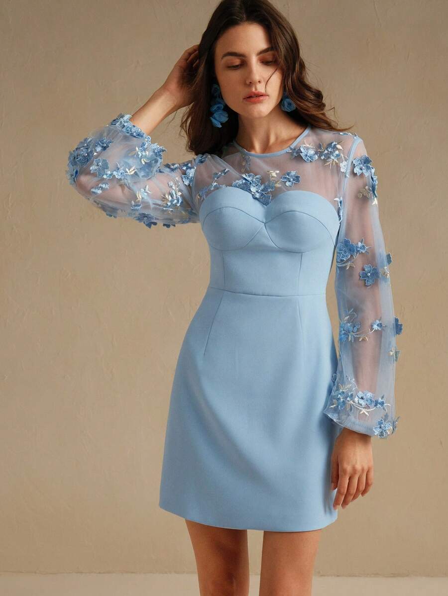 Anewsta 新年除夕花卉拼布透明优雅女式连衣裙，秋季 - 藍色 - 查看 1