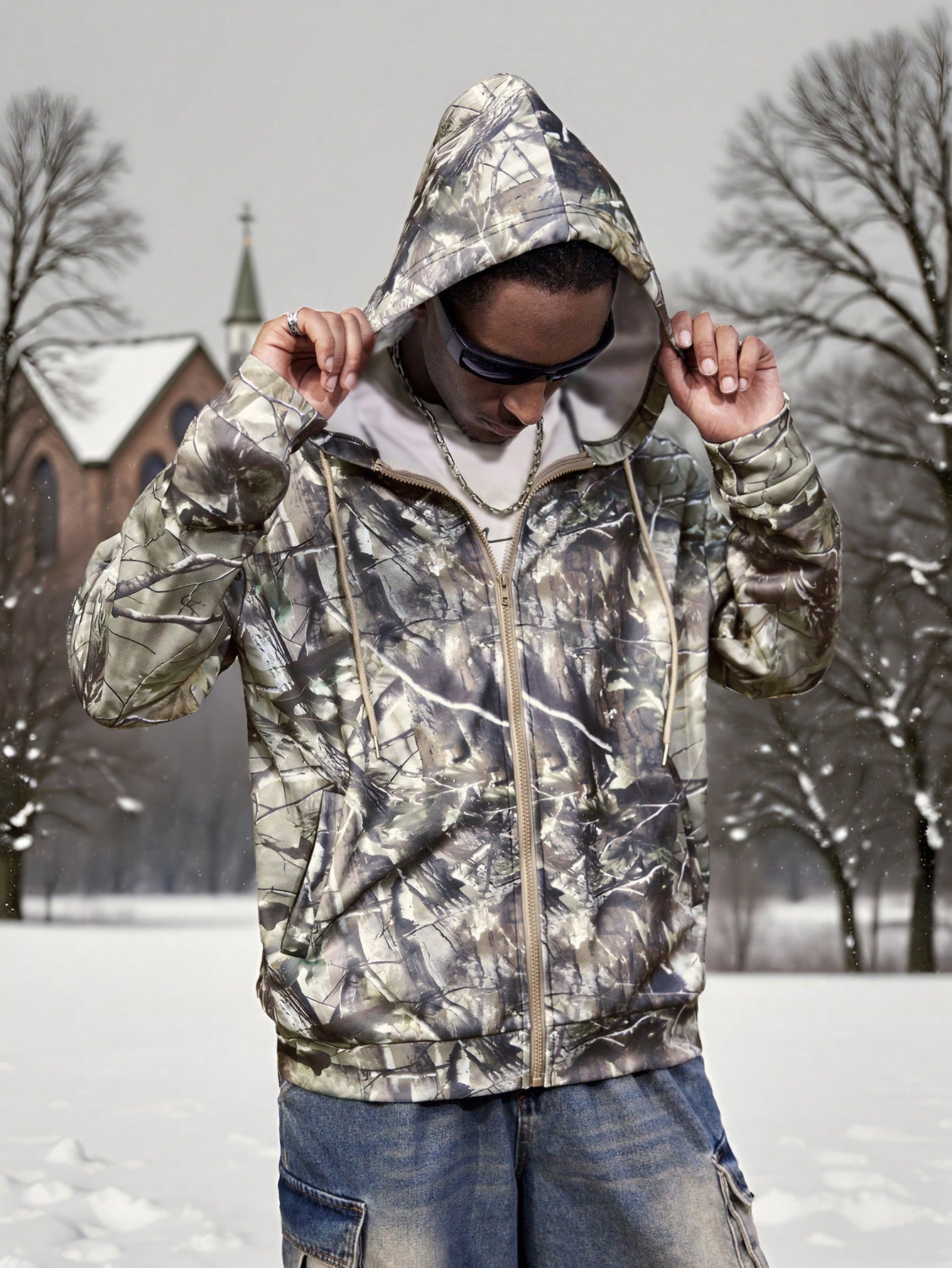 Manfinity Dauomo Men's Winter Fall Allover Print Hooded Sweatshirt, Outdoor Forest Pattern