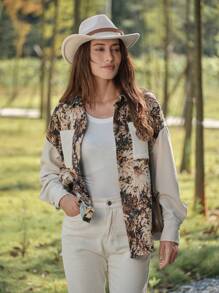 LanaWest 1 pieza Chaqueta casual de cuello camisero con manga larga, hombros caídos y parche de jacquard para otoño