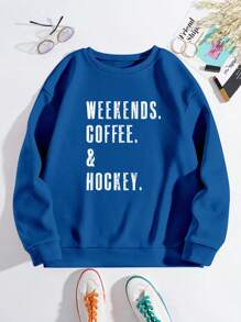 INAWLY Áo nỉ in hình cà phê và khúc côn cầu, áo chui đầu cổ tròn tay dài thường ngày có họa tiết chữ Hockey Mom - Xanh đậm - Xem 3