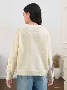 Tween Girls' Apricot All-Matching 3D Floral Cute Casual Loose Comfortable Sweater For Winter