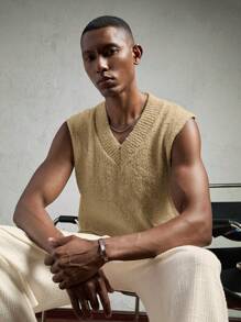 AKNOTIC Business Casual Men Jersey Knit V-Neck Sleeveless Slim Fit Sweater - Brown - View 4