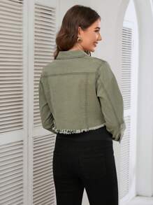 SHEIN Maternity Front Button Long Sleeve Pocket Frayed Hem Casual Denim Jacket