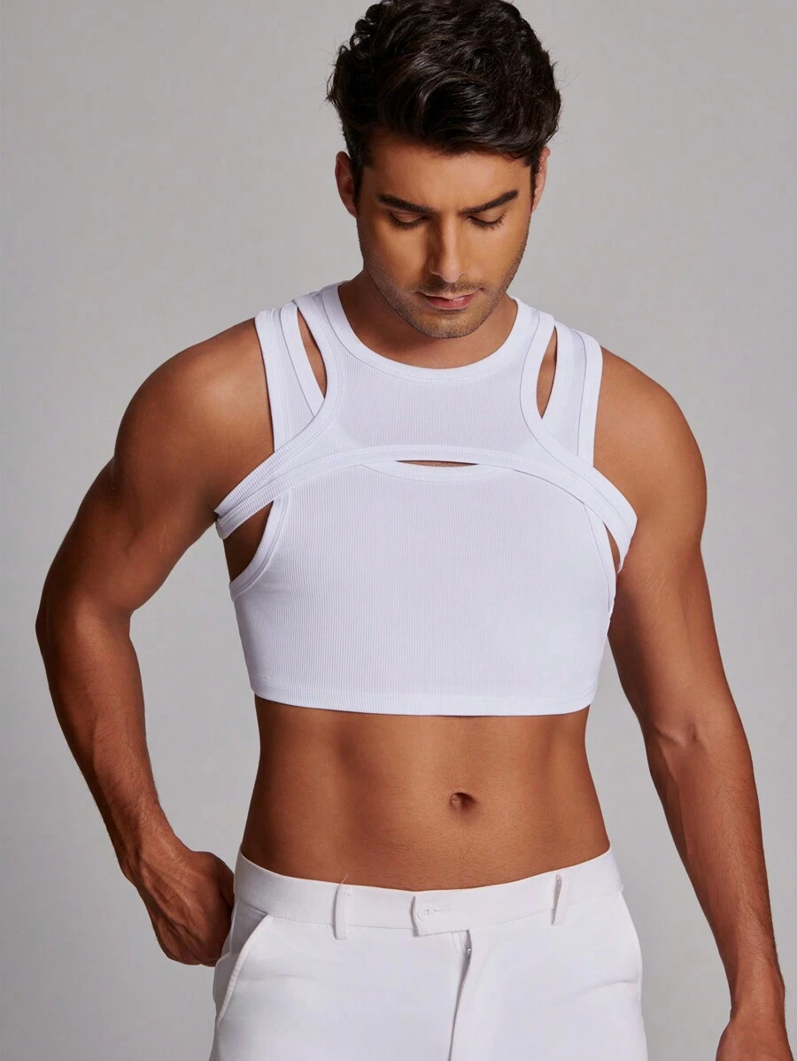 Manfinity 2pcs Men's Asymmetric Tank Top Set, Streetwear Sexy Inner Tank Top - White - View 1