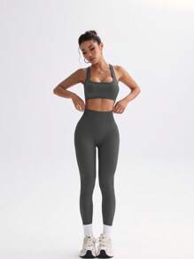 SHEIN Sports Women Solid Color Cross Back Cropped Cami And Leggings Sports Set, For Everyday Workout Gym Set Workout Women Setwomen Workout Set