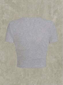 SHEIN 女士夏季字母印花圆领短袖短款修身休闲 T 恤 REALLY HER 图案 T 恤女式上衣 - 灰色 - 查看 2