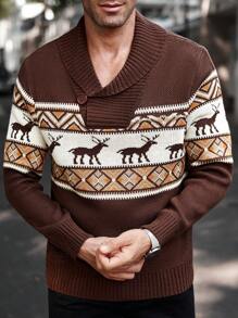 Manfinity Homme Men's Button Front Long Sleeve Graphic Deer Detail Casual Colorful Long Sleeve Chunky Sweater, For Going Out, Boyfriend Gift - Multicolor - View 4