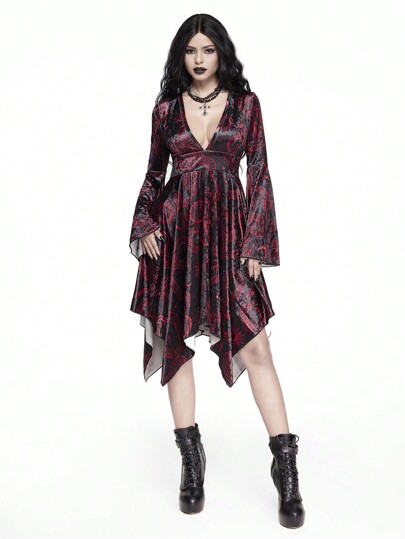 Goth Women Deep V-Neck Allover Print Asymmetric Hem Long Sleeve Mini Dress