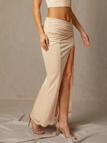 L'Amorae Women Solid Color Pleated Split A-Line Skirt, Casual Everyday Wear