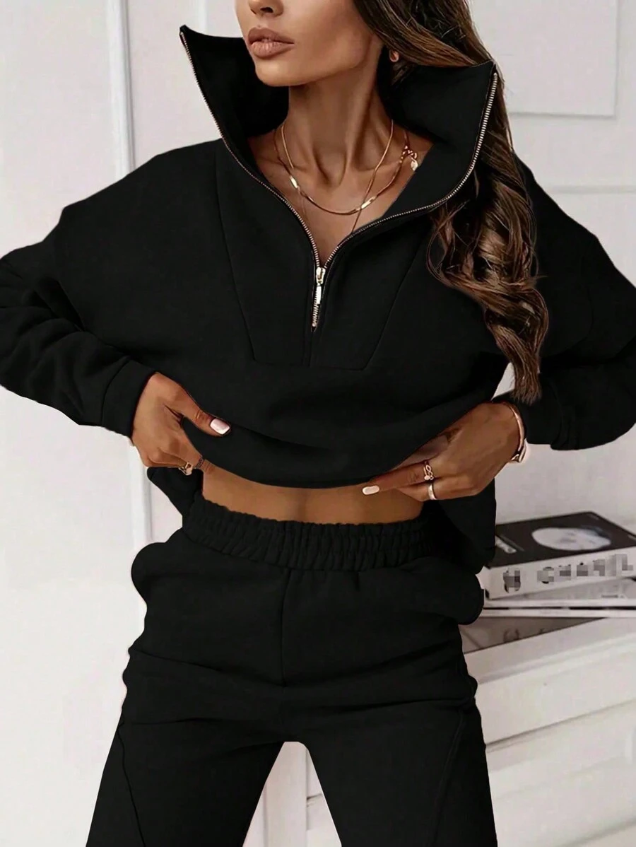 INAWLY Plus Size Casual Solid Color Hooded Sweatshirt And Pants 2pcs Sportswear Set - Black - View 1