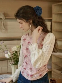 Simple Retro Women's Round Collar Full Print Rose Shirt - Pink - View 7