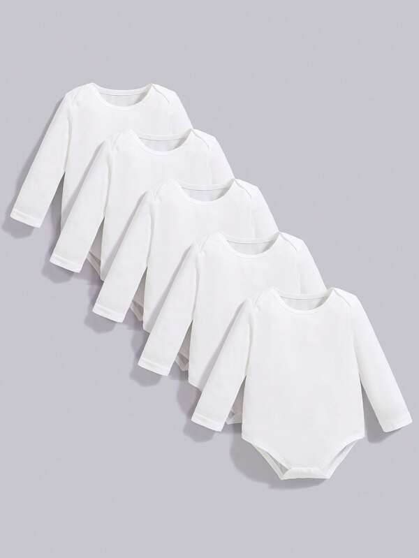 SHEIN Playful Pals 5pcs/Set Baby Boy Casual Solid Color Long Sleeve Bodysuit, Suitable For All Seasons Chic Outfits For Autumn/Winter