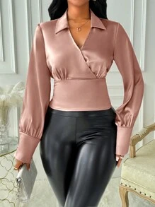 SHEIN Clasi Elegant Satin V-Neck Distinctive Design Commuter Blouse Fall Cloth For Women