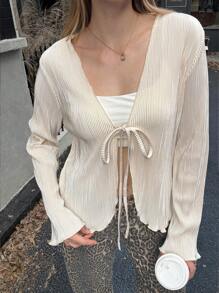 女士系带长袖休闲宽松褶皱喇叭袖法式衬衫 - 杏色 - 查看 4