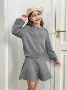 SHEIN Tween Girl 休闲串珠宽松高领毛衣和优雅荷叶边下摆中裙套装，花卉灰色 - 深灰色 - 查看 7