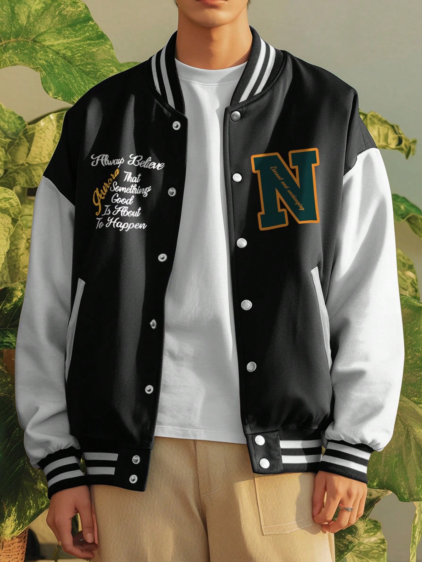 Manfinity Dauomo Casual Thermal Lined Thick Long Sleeve Slogan Print Baseball Jacket For Men, Autumn/Winter