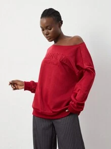 Flirla 1pc Women Asymmetrical Letter Embroidered Shoulder Sweatshirt, Simple Red Pullover Long Sleeve Tops For Autumn/Winter