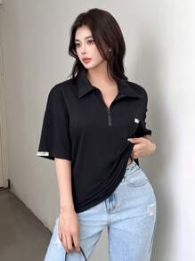 INAWLY 女式宽松休闲落肩拉链字母印花 T 恤，夏季 - 黑色 - 查看 4