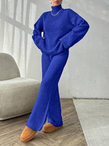 EURMUSE 2 peças/conjunto suéter de gola alta de cor sólida, manga comprida, top e calças - Azul Real - Ver 5