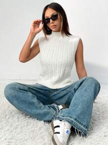 Chiquease Dames effen kraag mouwloos minimalistisch gebreid vest, casual voor dagelijks gebruik
