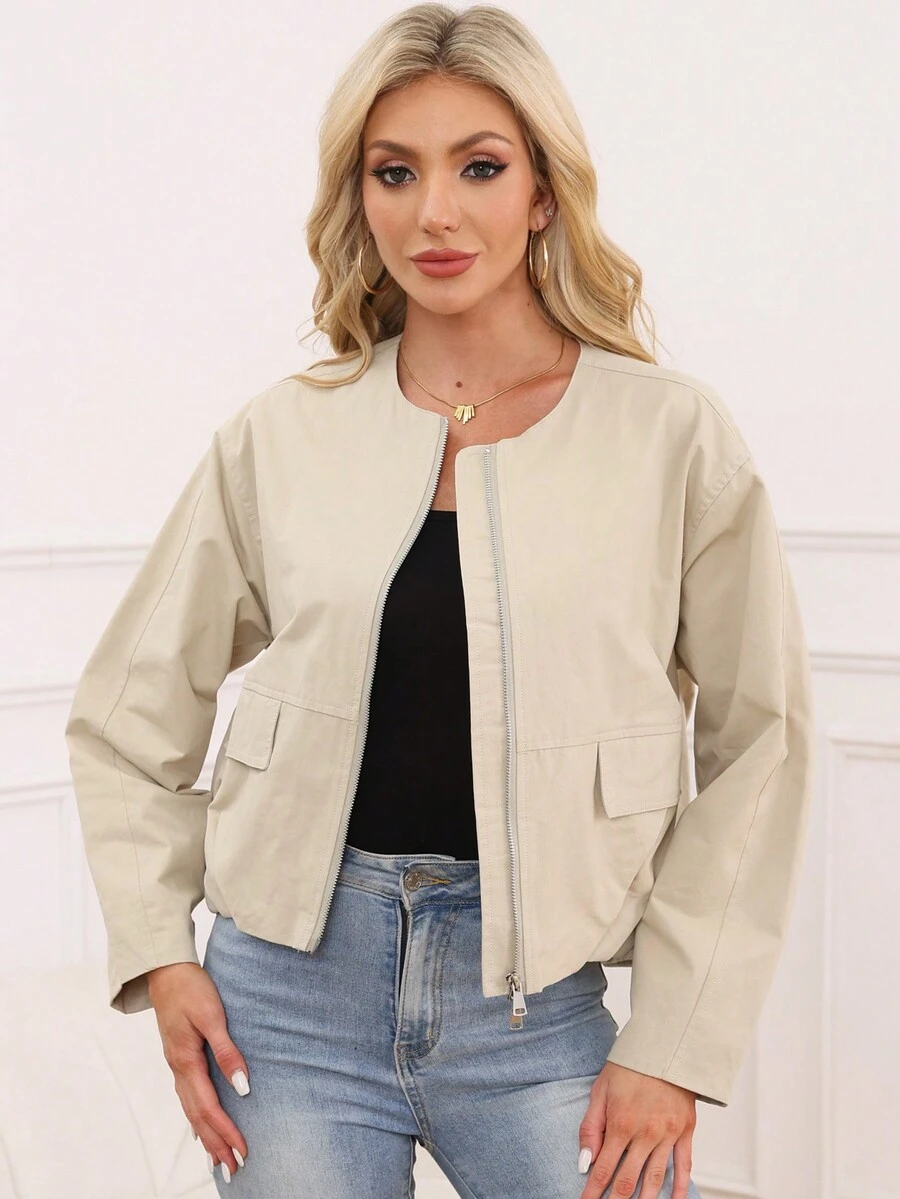 Women's Short Casual Windbreaker, Pilot Collar Jacket Style Coat - Beige - View 1
