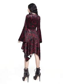 ROMWE Goth Women Deep V-Neck Allover Print Asymmetric Hem Long Sleeve Mini Dress - Black - View 5