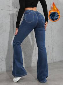 SHEIN Privé Women's High Waist Flared Casual Thermal Lined Denim Jeans, Thanksgiving Christmas Women, Autumn/Winter