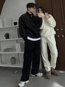 DAZY Men Solid Color Stand Collar Top And Pants Set, Casual For Autumn Quarter Zip Men - Black - View 3