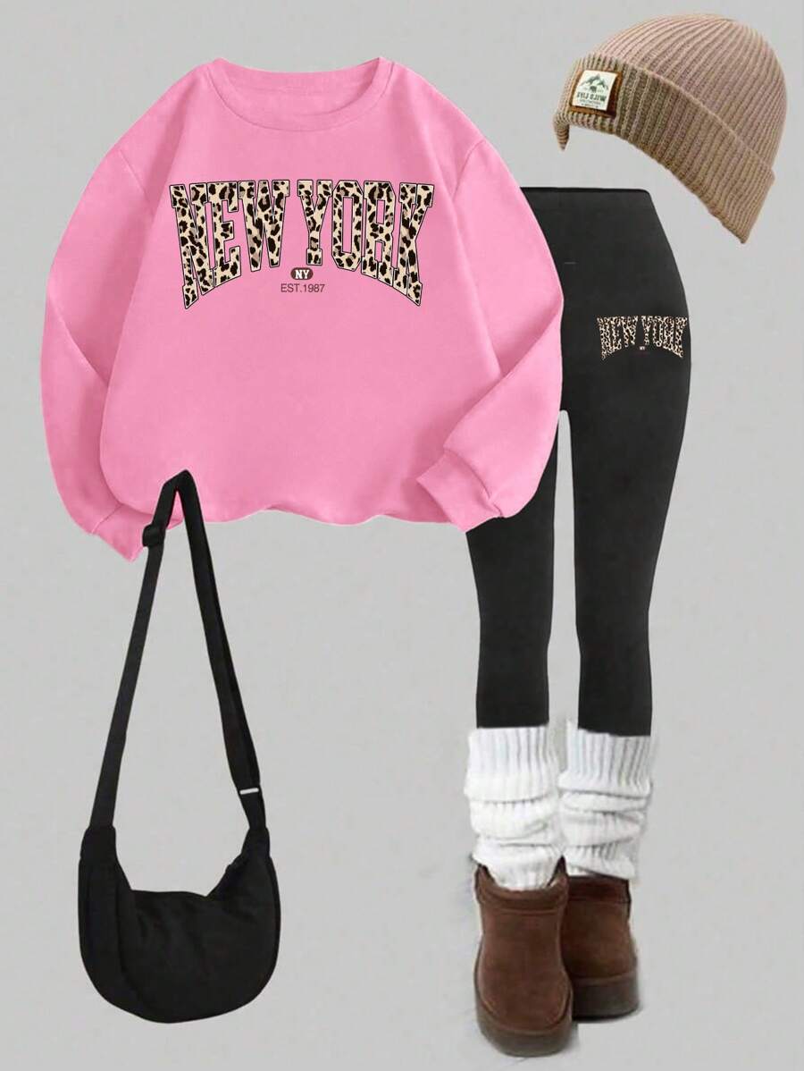 SHEIN Set de 2 piezas de sudadera con capucha de manga larga y pantalones largos informales para niña preadolescente, apto para otoño/invierno