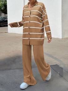 EURMUSE Women Striped Sweater Cardigan And Pant Set - Camel - View 6