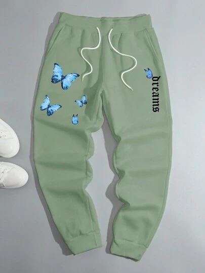 Manfinity Homme Men's Letter Print Front Tie Casual Simple Pants, Daily Wear