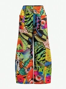 Chiquease 蝴蝶与动物印花休闲裤，带口袋，编织宽松长裤 - 橄欖綠 - 查看 3