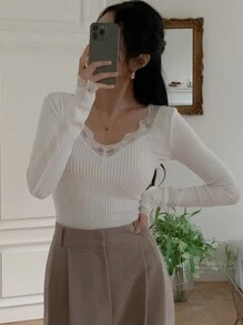 DAZY Lace Patchwork Solid V-Neck Ribbed Fitted Women Long Sleeve T-Shirt - White - View 4
