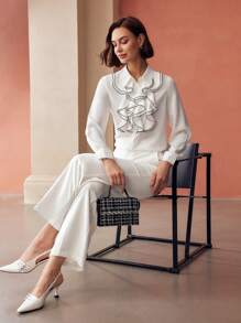 MOTF PREMIUM CONTRAST PIPING JABOT COLLAR SHIRT