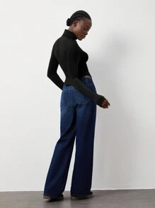 Lunelith SHEIN Lunessa 1pc Women's Casual High Neck Fitted Black Long Sleeve Tee, Versatile For Autumn/Winter