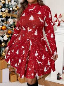SHEIN VCAY Plus Size Christmas Stand Collar Long Sleeve Waist Cinched Dress Christmas Clothes Women Christmas Dress Winter Clothes Pleated Skirt Christmas Outfit Women Christmas Dresses Going Out Outfits Basic Dress Long Sleeve