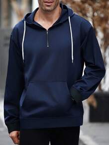 Manfinity Homme Men's Solid Color Long Sleeve Zippered Half Stand Collar Drawstring Hoodie Sweatshirt For Autumn