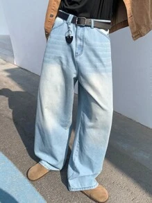Manfinity Hypemode Men's Light Blue Washed Wide Leg Jeans, Long Oversize Jeans, For Husband, Boyfriend Gifts