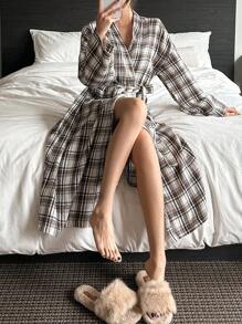 DAZY 格纹休闲落肩宽松家居服长袍 - 灰色 - 查看 4