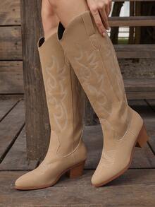 Styleloop 西部牛仔刺绣骑马女牛仔靴，切尔西靴，新款女士过膝长靴，夏季 - 駝色 - 查看 4